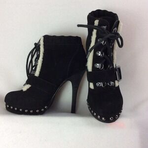 B. Bakers Womens‎ Black Suede White Fur Edge Buckle Boots Sz. 6.5 Stiletto Heel